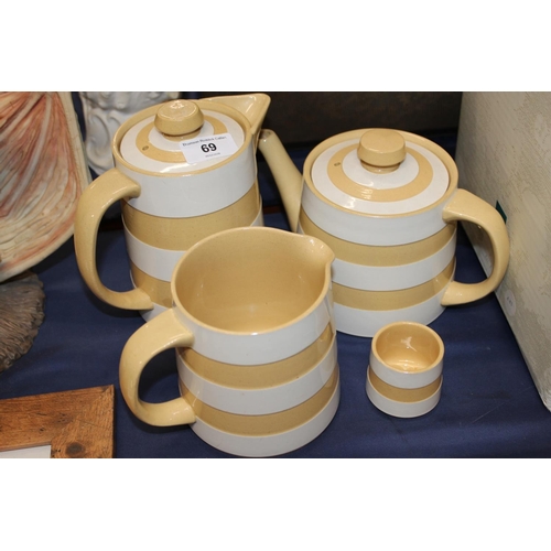 69 - T G Green Cornishware yellow striped teapot, coffee pot, jug and eggcup.&nbsp; (4)
