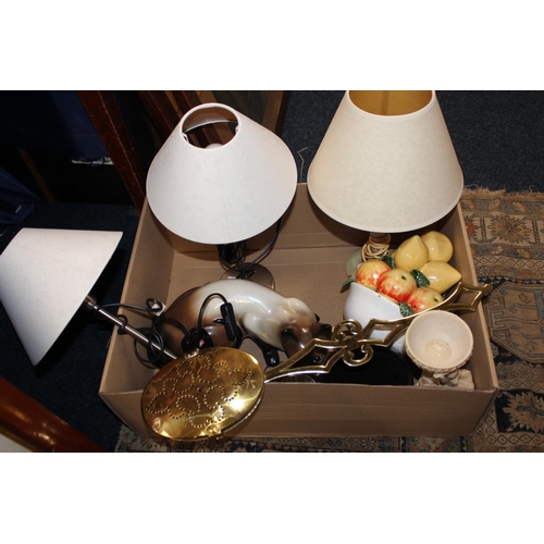 79 - Siamese cat model, table lamps, a fruit basket, a brass chestnut roaster, etc.
