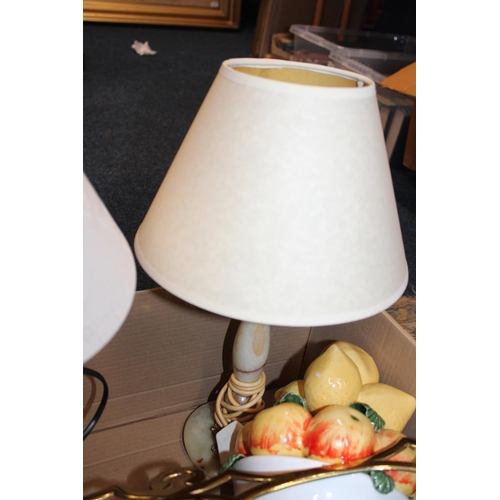 79 - Siamese cat model, table lamps, a fruit basket, a brass chestnut roaster, etc.