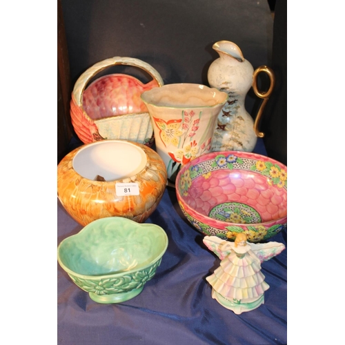 81 - Ceramics to include a crackle glaze jug with bird decoration, a Maling bowl, a vase, a Sylvac vase, ... 