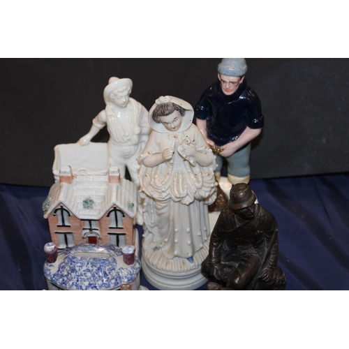 86 - Figure groups, Staffordshire style money banks, crested ware, etc.