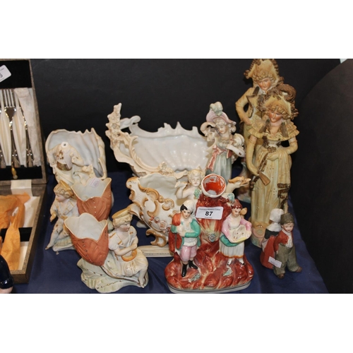 87 - Staffordshire flatback spill vase, a pottery basket with figural decoration, and other figure groups... 