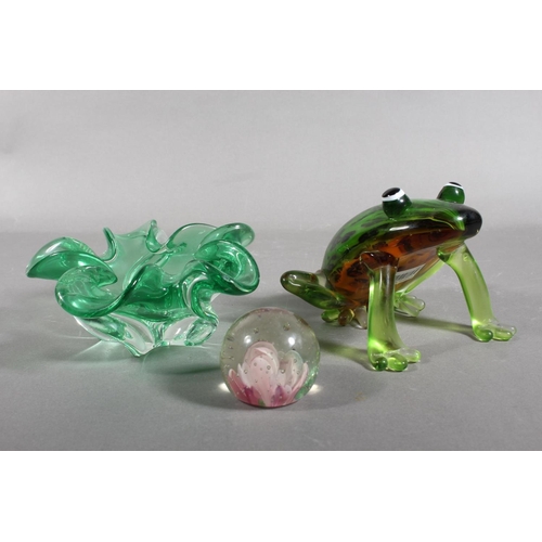95 - Art Glass frog paperweight, another, and a small green glass vase.