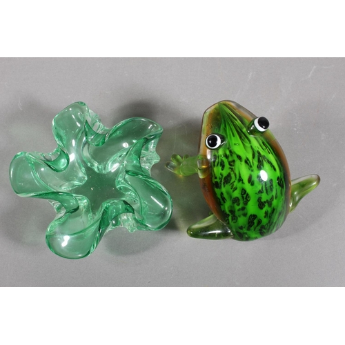 95 - Art Glass frog paperweight, another, and a small green glass vase.