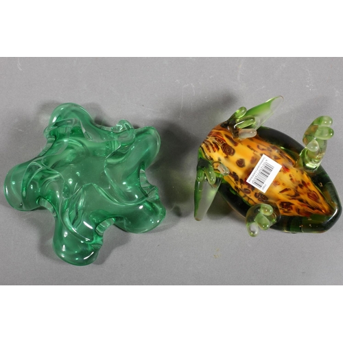 95 - Art Glass frog paperweight, another, and a small green glass vase.