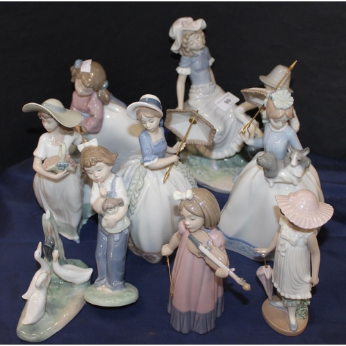 99 - Nine Nao figure groups to include ladies with umbrellas, lady with basket, a girl playing violin, et... 