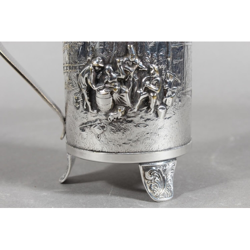 172 - Danish white metal lidded stein decorated in repousse with musicians, 14cm high.