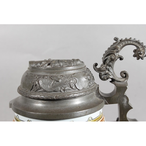 181 - VIlleroy & Boch Mettlach #1134 stein, with white metal cover, the body decorated with classical ... 