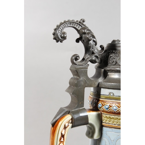 181 - VIlleroy & Boch Mettlach #1134 stein, with white metal cover, the body decorated with classical ... 