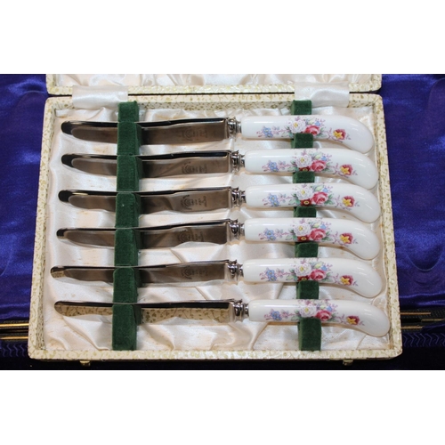 183 - Cased set of twelve silver-plated teaspoons and sugar tongs, a cased set of six Royal Crown Derby pi... 