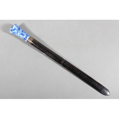 193 - Chinese style paper knife with mottled blue and white porcelain handle, 36cm long.