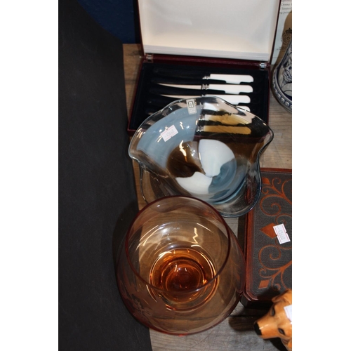 197 - Beswick model of a golden retriever, a Mdina Art Glass bowl, a Caithness Golden Wedding Glass, a gam... 