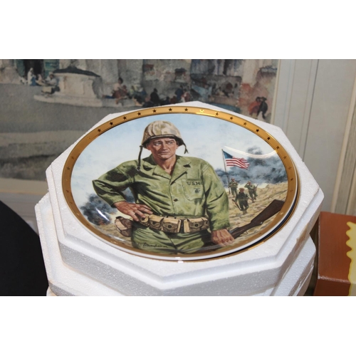 216 - John Wayne collectors' plates, two Charles Rennie Mackintosh style mantel clocks, a set of three cer... 