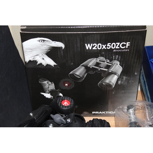 218 - Praktica W20x50 ZCF binoculars, boxed, and two tripods.