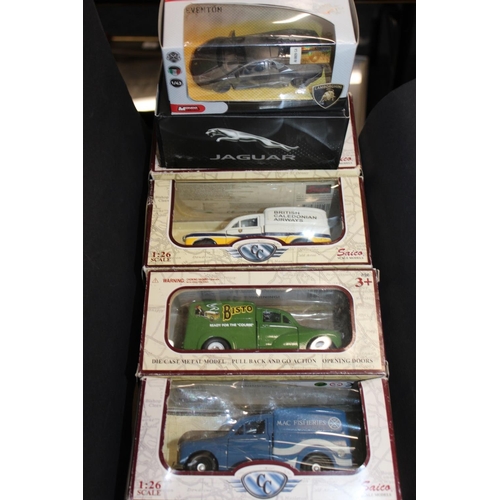 224 - Ten die-cast vehicles to include a Saico Jaguar E-type, a Mack Fisheries van, a Bisto van, a British... 