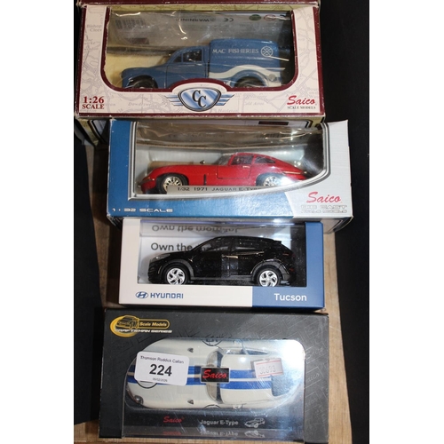 224 - Ten die-cast vehicles to include a Saico Jaguar E-type, a Mack Fisheries van, a Bisto van, a British... 