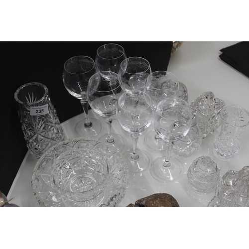 235 - Pair of green hardstone agate specimen bookends, cut-glassware to include an Edinburgh crystal vase,... 