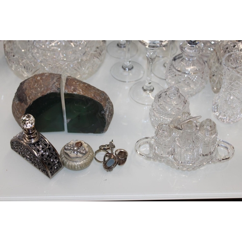 235 - Pair of green hardstone agate specimen bookends, cut-glassware to include an Edinburgh crystal vase,... 