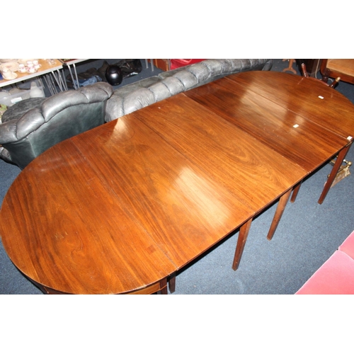 557 - Victorian mahogany D-end table, raised on square tapered supports, 270cm x 125cm.