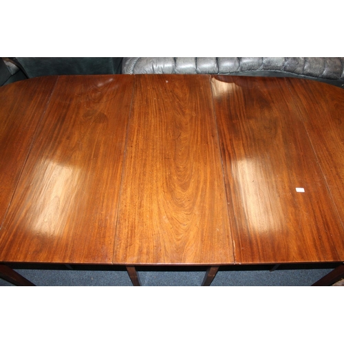 557 - Victorian mahogany D-end table, raised on square tapered supports, 270cm x 125cm.