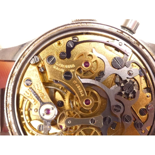 91 - Lemania. A Royal Navy military issue monopusher chronograph wristwatch, having black dial with lumin... 