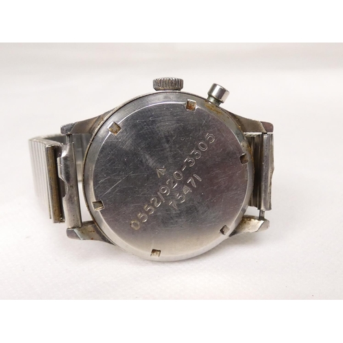 91 - Lemania. A Royal Navy military issue monopusher chronograph wristwatch, having black dial with lumin... 