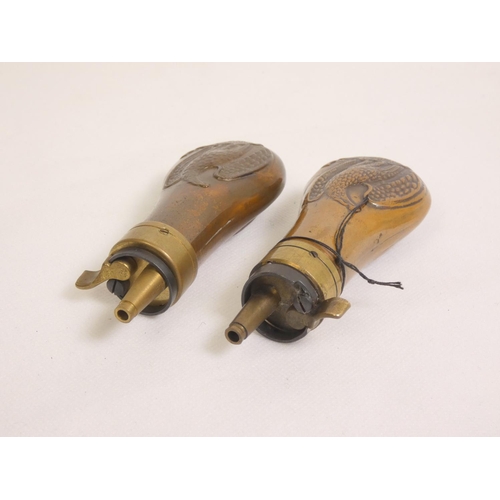 Two small copper and brass Colt style revolver powder flasks the bodies ...