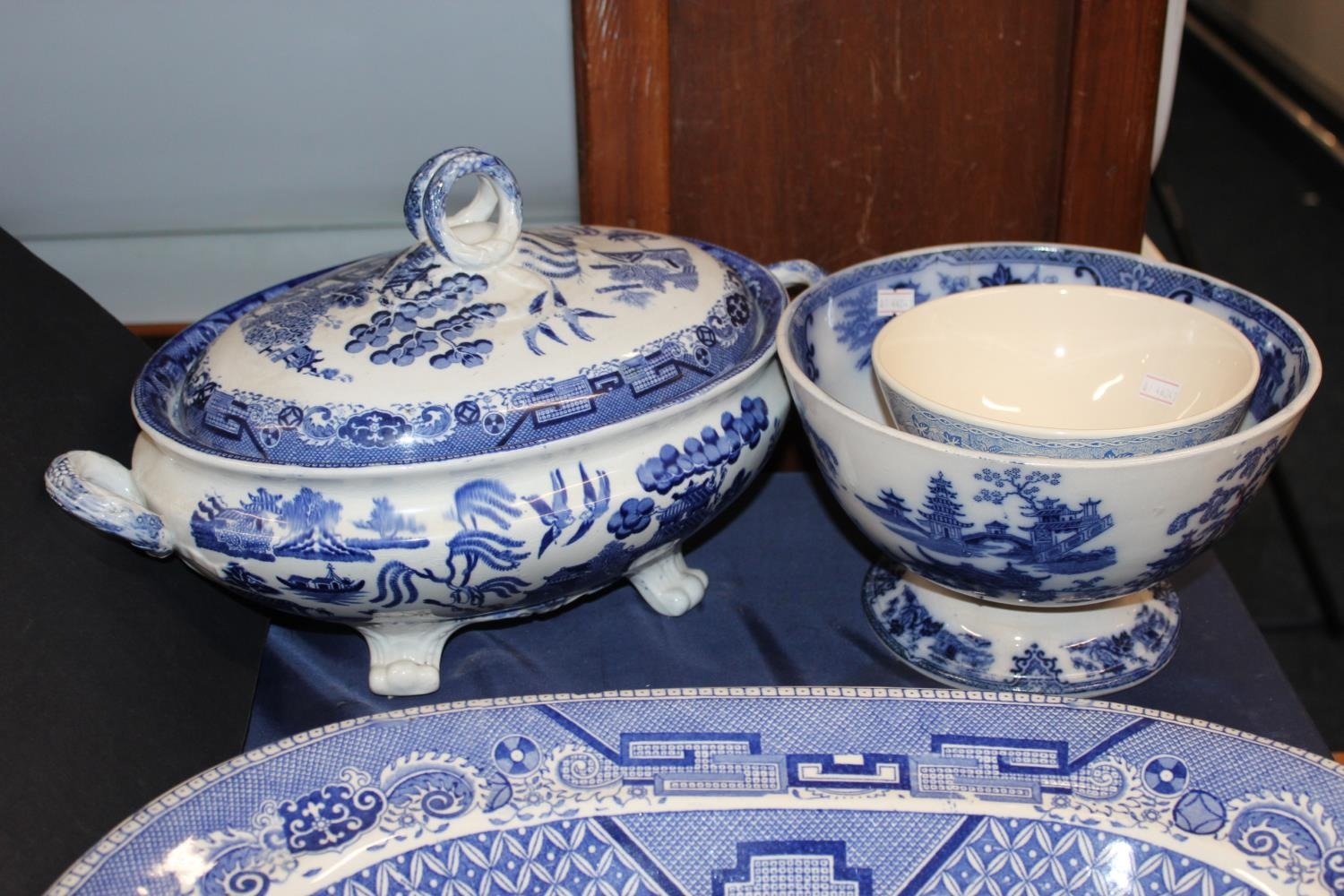 Blue and white meat ashet, a blue and white tureen and cover, a bowl ...