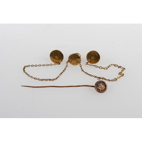 Chinese gold stick pin, and 18ct and 15ct gold studs on yellow metal ...