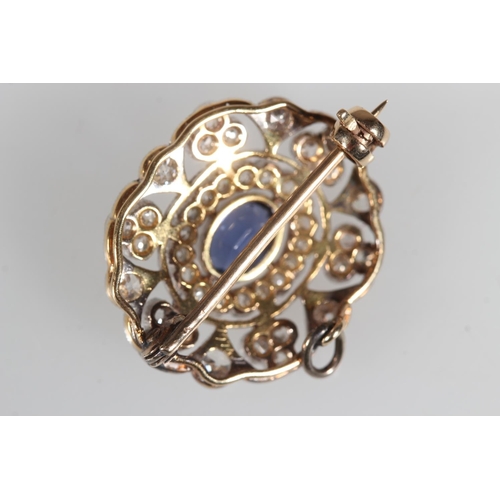 102 - Antique gold, diamond and sapphire oval shaped brooch, the central sapphire surrounded by a halo of ... 