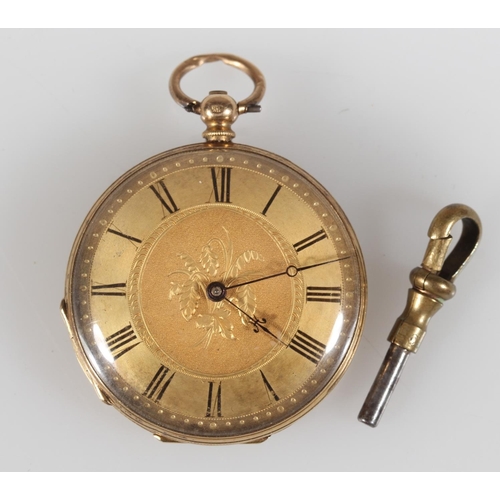 196 - 18K yellow gold open faced pocket watch, the gold coloured dial with Roman Numeral chapter ring and ... 