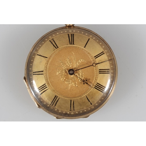 196 - 18K yellow gold open faced pocket watch, the gold coloured dial with Roman Numeral chapter ring and ... 