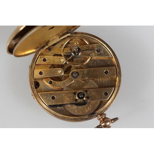 196 - 18K yellow gold open faced pocket watch, the gold coloured dial with Roman Numeral chapter ring and ... 