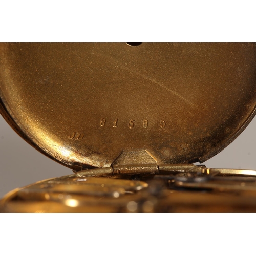 196 - 18K yellow gold open faced pocket watch, the gold coloured dial with Roman Numeral chapter ring and ... 