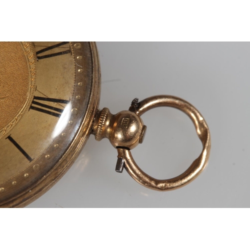 196 - 18K yellow gold open faced pocket watch, the gold coloured dial with Roman Numeral chapter ring and ... 