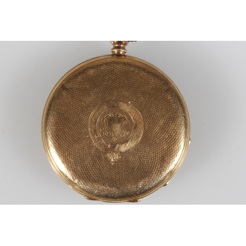 196 - 18K yellow gold open faced pocket watch, the gold coloured dial with Roman Numeral chapter ring and ... 