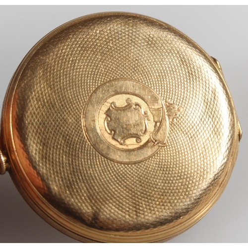 196 - 18K yellow gold open faced pocket watch, the gold coloured dial with Roman Numeral chapter ring and ... 