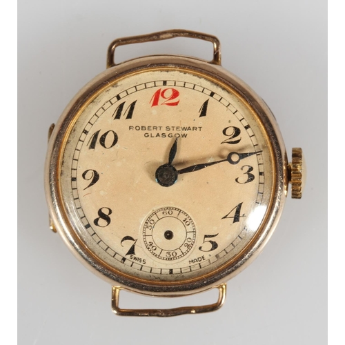 197 - 9ct yellow gold cased ladies wristwatch, (no strap), Robert Stewart, Glasgow.&nbsp;