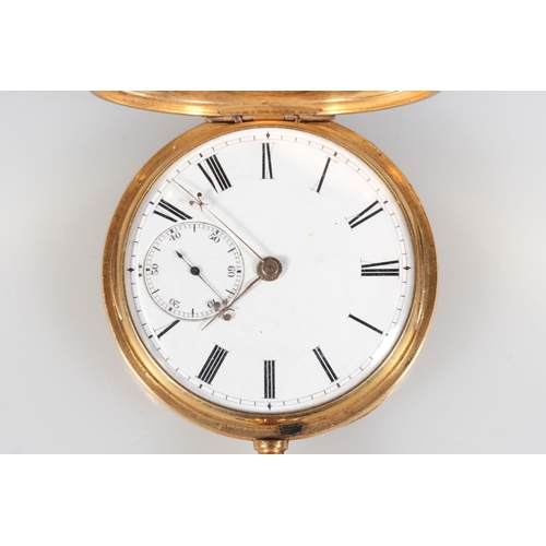198 - 18ct gold hunter pocket watch, the white enamel dial with Roman Numeral chapter ring and second subs... 