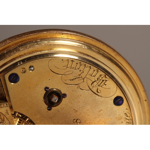 198 - 18ct gold hunter pocket watch, the white enamel dial with Roman Numeral chapter ring and second subs... 