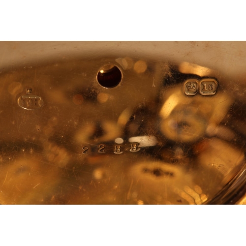 198 - 18ct gold hunter pocket watch, the white enamel dial with Roman Numeral chapter ring and second subs... 