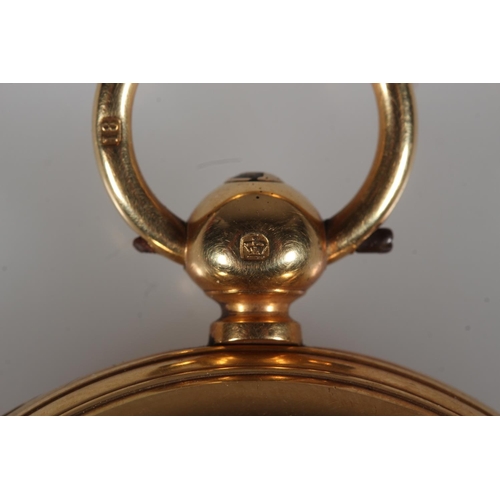 198 - 18ct gold hunter pocket watch, the white enamel dial with Roman Numeral chapter ring and second subs... 