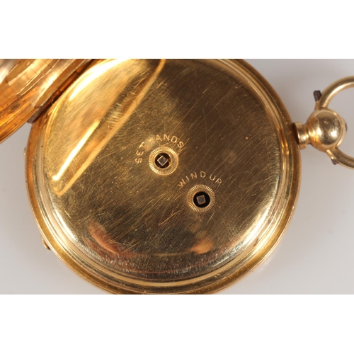 198 - 18ct gold hunter pocket watch, the white enamel dial with Roman Numeral chapter ring and second subs... 