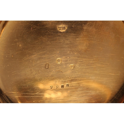 198 - 18ct gold hunter pocket watch, the white enamel dial with Roman Numeral chapter ring and second subs... 