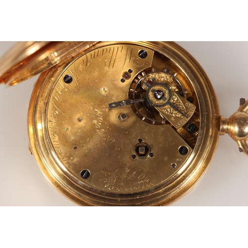 198 - 18ct gold hunter pocket watch, the white enamel dial with Roman Numeral chapter ring and second subs... 