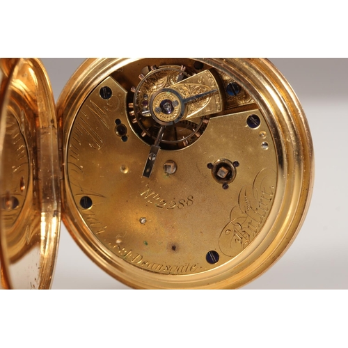 198 - 18ct gold hunter pocket watch, the white enamel dial with Roman Numeral chapter ring and second subs... 
