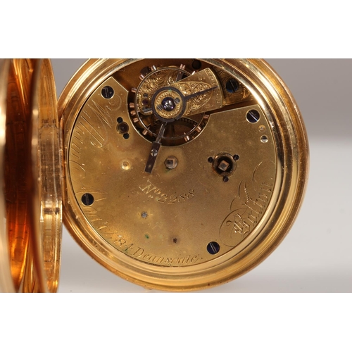 198 - 18ct gold hunter pocket watch, the white enamel dial with Roman Numeral chapter ring and second subs... 