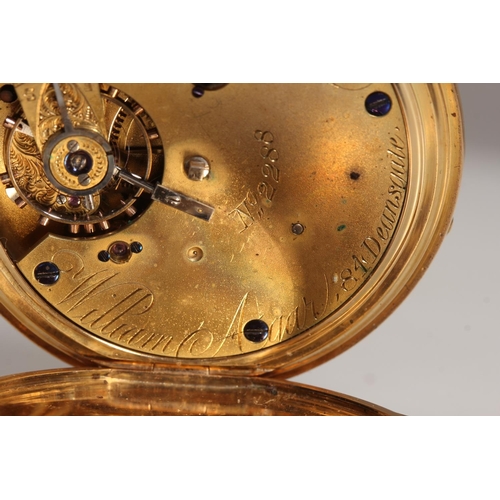 198 - 18ct gold hunter pocket watch, the white enamel dial with Roman Numeral chapter ring and second subs... 
