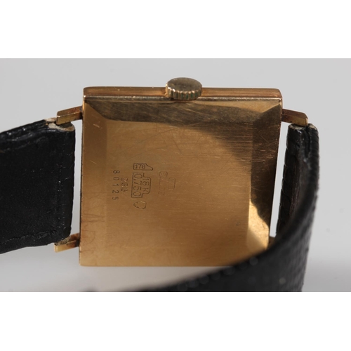 199 - 18ct yellow gents square faced wristwatch, the champagne coloured dial with baton marker chapter rin... 