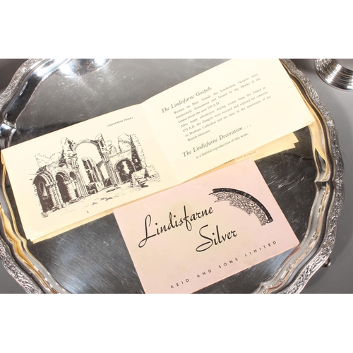 27 - Four piece silver tea service on matching tray, with Lindisfarne border decoration and stamp to base... 